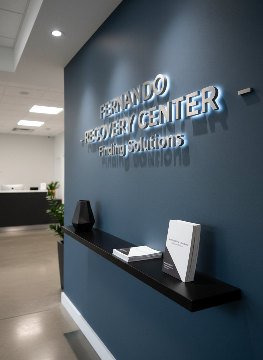 A sleek, wall-mounted signage installation in a recovery center lobby displays the words “Fernando Recovery Center – Finding Solutions” in bold, brushed stainless steel letters, backlit with a subtle, cool white glow against a deep slate-blue wall. Below, a narrow floating shelf holds a single angular black vase and a stack of crisp, white informational brochures about individual and group counseling. Strong, directional downlighting from recessed ceiling fixtures creates powerful vertical shadows beneath each letter, enhancing depth and presence. Captured in photographic realism from a slightly low angle, the composition emphasizes the signage’s dominance and clarity. The overall mood is confident, modern, and professional, reflecting a bold, solution-focused identity for the counseling and recovery services brand without featuring any people.