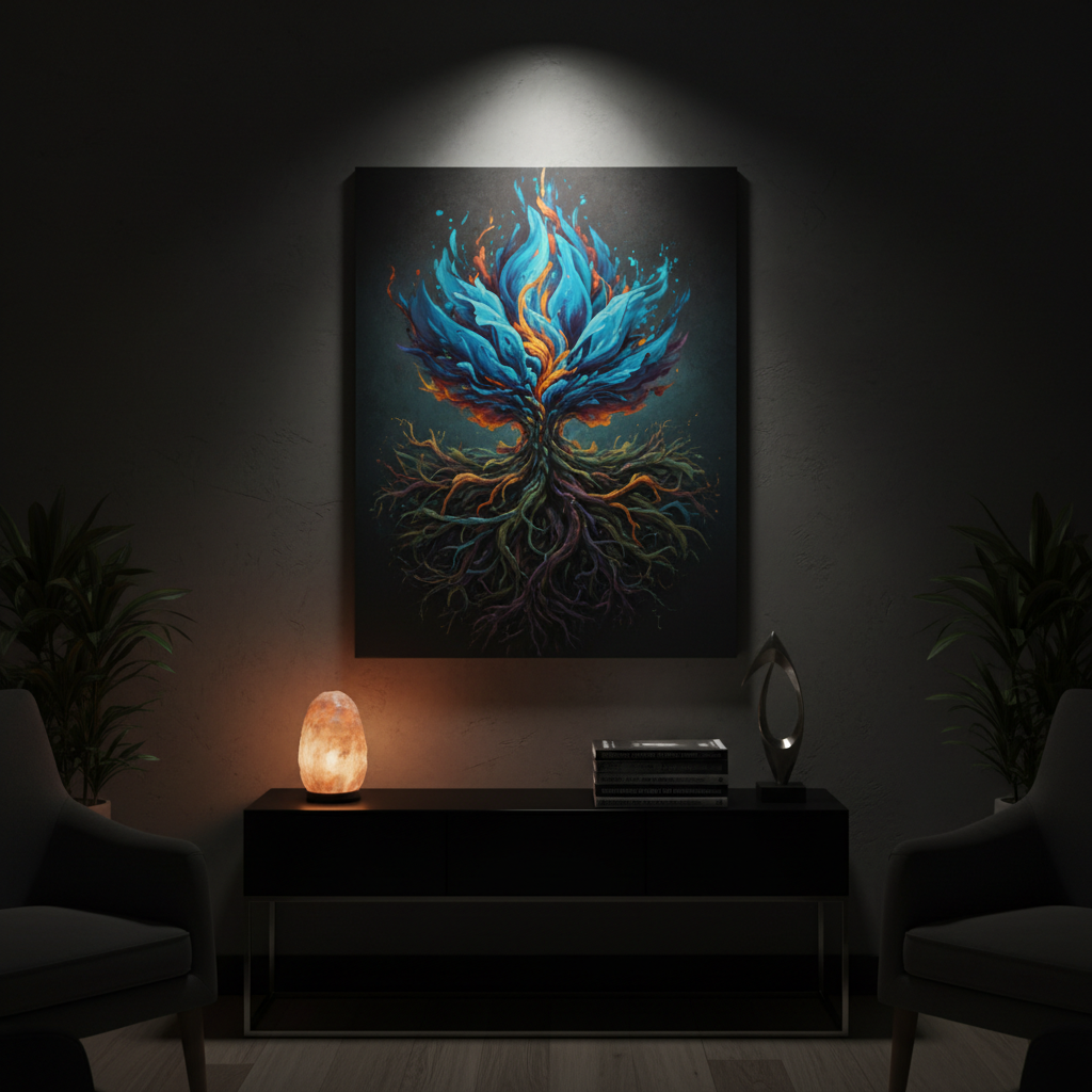 In a dim, thoughtfully designed counseling room, a single, bold abstract painting hangs on a charcoal accent wall, depicting a dark, tangled lower half transitioning to a bright, upward burst of electric blues and warm golds, symbolizing recovery and breakthrough. Below it, a low black console holds a small, lit salt lamp, a stack of group-counseling manuals, and a sleek metal sculpture forming an upward arrow. A narrow beam of warm spotlighting from the ceiling focuses on the artwork, leaving the surroundings in softer shadow, creating dramatic contrast and a sense of transformation. Shot at eye level in photographic realism, the centered composition and deep, moody tones convey a powerful, hopeful atmosphere aligned with bold, solution-oriented recovery work.