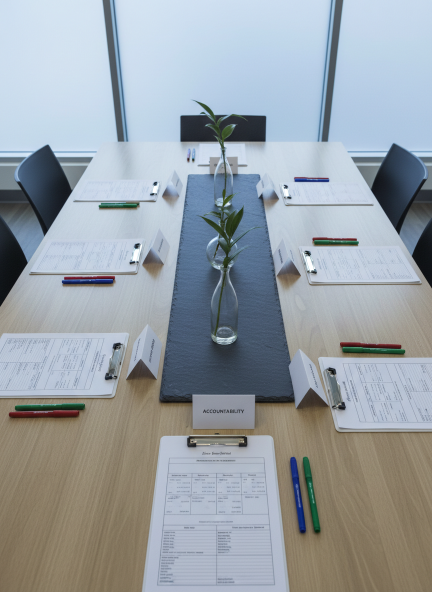 A detailed, overhead view of a large, rectangular conference table in a counseling center shows an organized layout for group recovery sessions: evenly spaced clipboards with structured worksheets, bold-colored pens, small tent cards labeled “Coping Skills,” “Accountability,” and “Next Steps,” and a central runner of dark slate with three minimal glass vases holding single green stems. Cool, diffused light from a frosted window washes the table, reducing glare and casting gentle, uniform shadows. Photographic realism and sharp focus throughout reveal the texture of the wood grain and paper. The mood is purposeful and organized, with a bold but uncluttered aesthetic, suggesting carefully planned group counseling that emphasizes structure, clarity, and practical tools for recovery without any participants present.