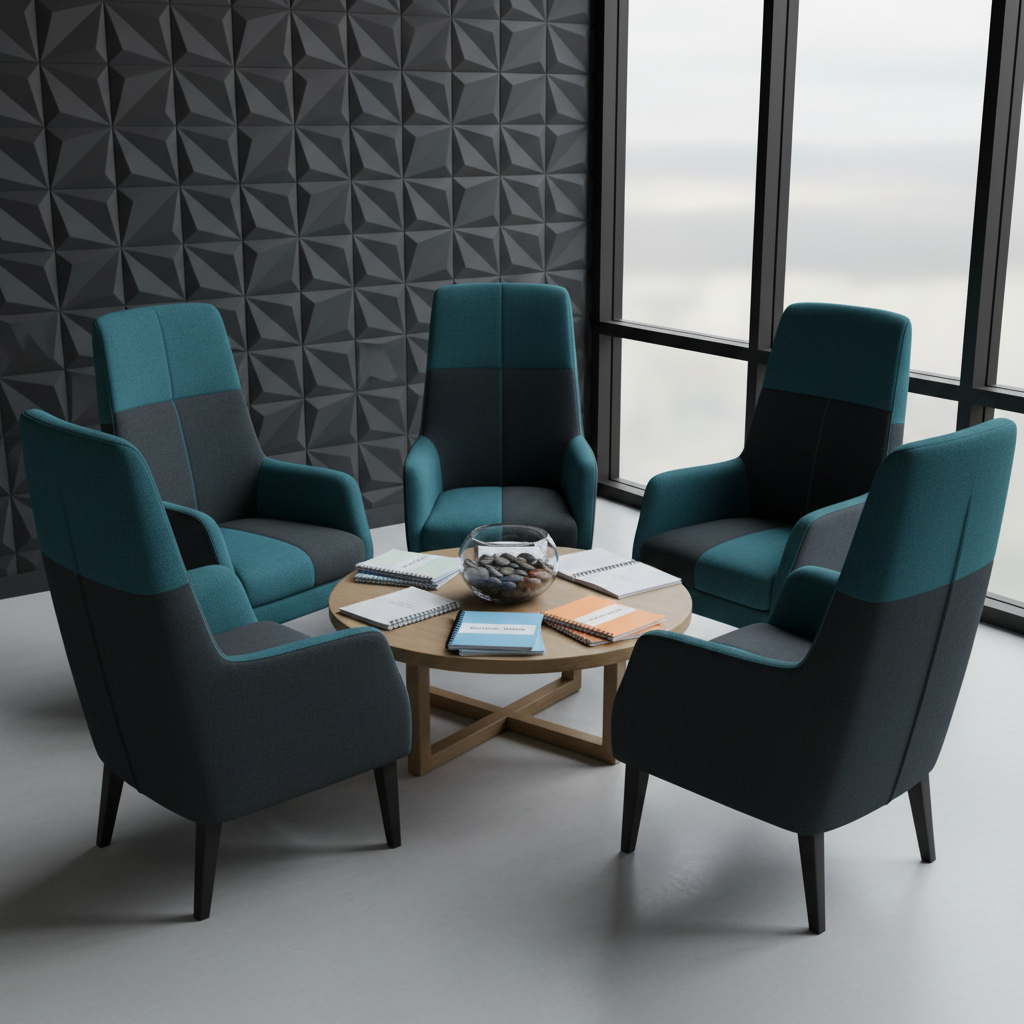 A circle of five modern, high-backed armchairs upholstered in bold teal and charcoal fabric surrounds a low, oak table holding organized stacks of recovery workbooks, color-coded folders labeled “Individual Plan” and “Group Goals,” and a sleek glass bowl of polished river stones. The room features a dark, textured accent wall and a wide window revealing soft, overcast daylight that bathes the scene in even, neutral illumination, casting subtle shadows under each chair. Captured from a slightly elevated angle in photographic realism, the composition uses the rule of thirds to emphasize the powerful, empty circle at the center. The mood is strong yet inviting, suggesting group counseling and shared healing while remaining entirely free of human figures, conveying a bold, professional recovery environment.