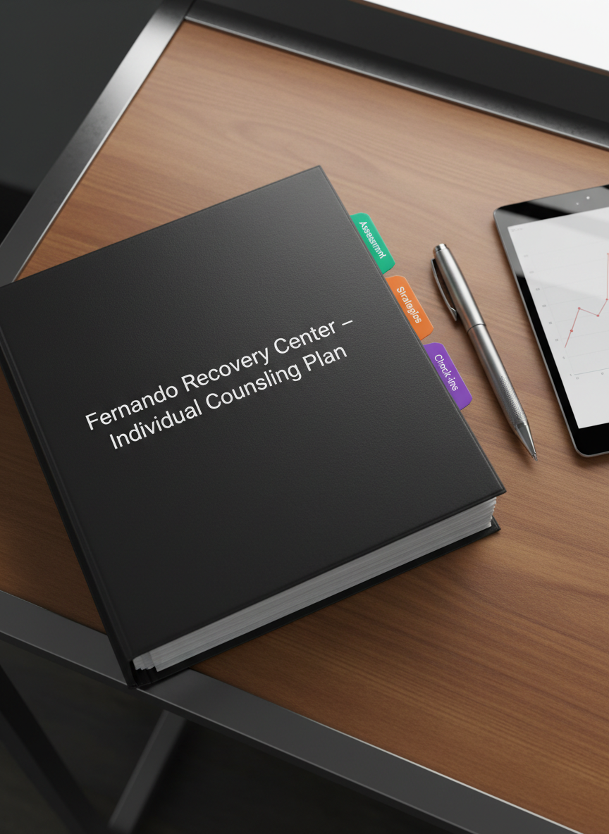 A close-up of a thick, matte-black binder titled “Fernando Recovery Center – Individual Counseling Plan” in crisp white lettering rests on a steel-and-wood desk. The binder is partially open, revealing neatly tabbed sections with bold-colored dividers: “Assessment,” “Goals,” “Strategies,” and “Check-ins.” A heavy, brushed-metal pen and a slim, black tablet displaying a graph of positive recovery trends sit beside it. Overhead LED lighting casts clean, even illumination, creating sharp reflections along the pen and subtle texture in the binder cover. Photographic realism captures this from a slightly angled top-down perspective, emphasizing organization and precision. The mood is assertive and professional, suggesting a highly structured, evidence-based approach to individual counseling and solution-focused recovery services without relying on any human presence.