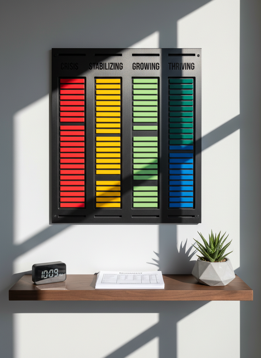 A bold, vertical wall-mounted progress board made of matte black metal with magnetic columns labeled “Crisis,” “Stabilizing,” “Growing,” and “Thriving,” each filled with neatly arranged color-coded magnets, dominates a clean counseling office wall. Below it, a minimalist floating shelf in dark oak holds a small digital clock, a stack of structured recovery worksheets, and a geometric concrete planter with a hardy green plant. Strong, directional sunlight from a nearby window creates pronounced contrast, sharp shadows, and glints off the metal board edges, giving a decisive, forward-moving feeling. Shot straight on with sharp focus throughout, the photographic image has a confident, goal-oriented mood, aligning with a recovery center that emphasizes visible progress, structure, and bold, solution-focused counseling.